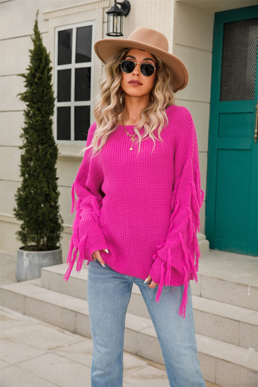 Tassel Detail Rib-Knit Round Neck Sweater-Mope's Closet