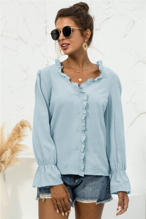 Frill Trim V-Neck Flounce Sleeve Shirt-Mope's Closet