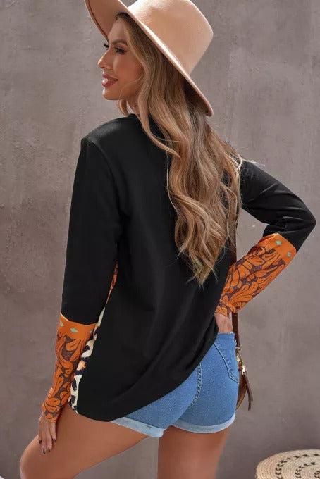 Mixed Print Color Block Long Sleeve Top-Mope's Closet