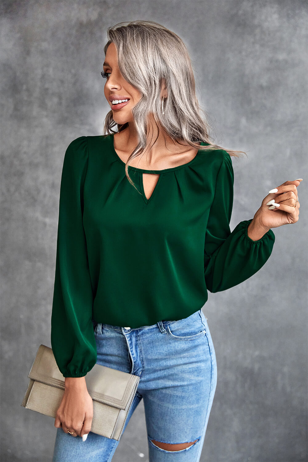 Pleated Detail Cutout Puff Sleeve Blouse-Mope's Closet