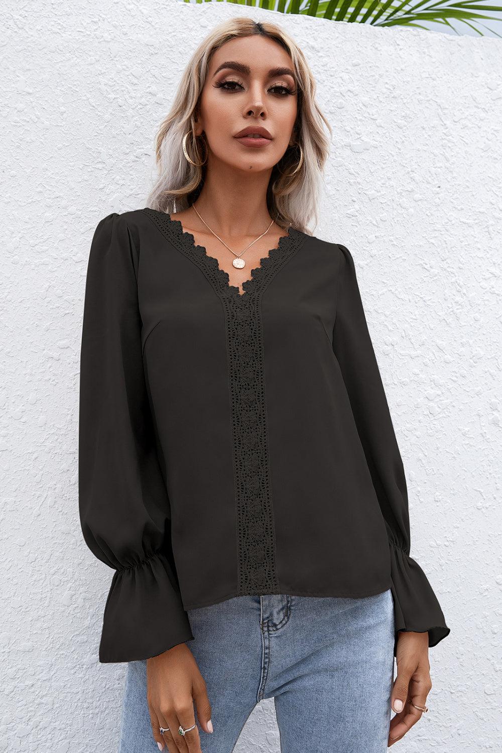 Lace Trim Flounce Sleeve Blouse-Mope's Closet