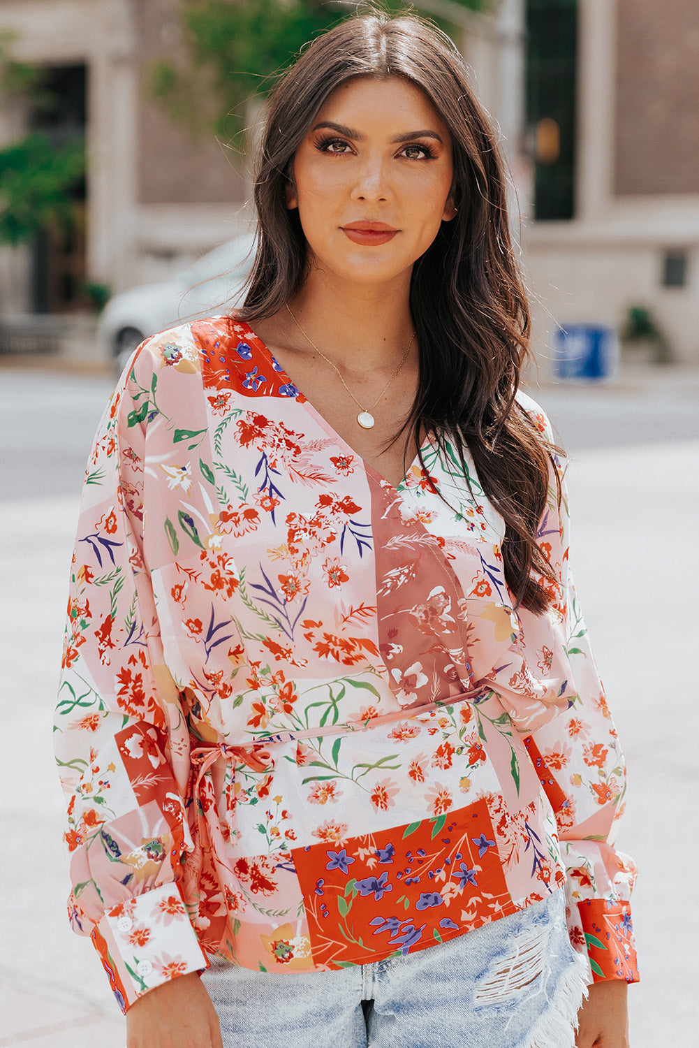 Floral Belted Surplice Blouse-Mope's Closet