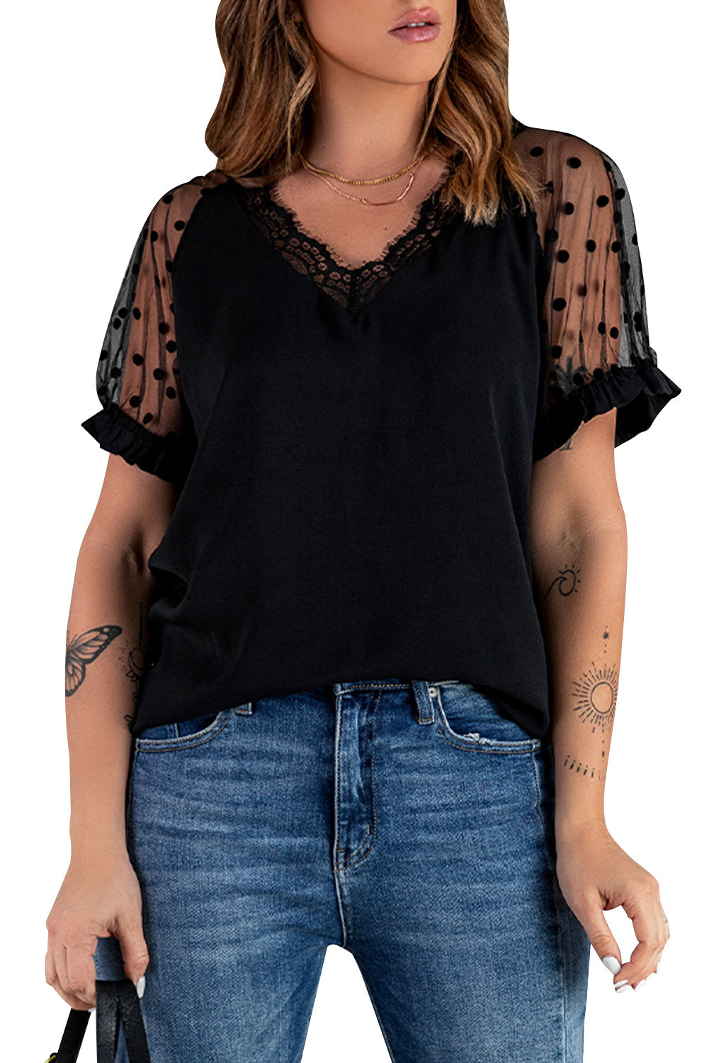 Polka Dot Lace Trim Spliced Mesh Blouse-Mope's Closet