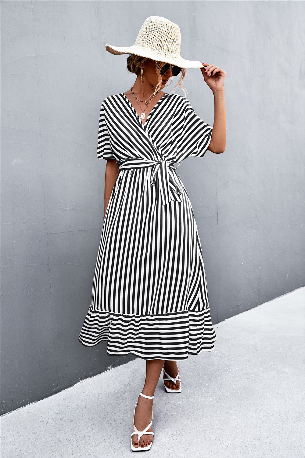 Striped Tie Belt Midi Dress-Mope's Closet