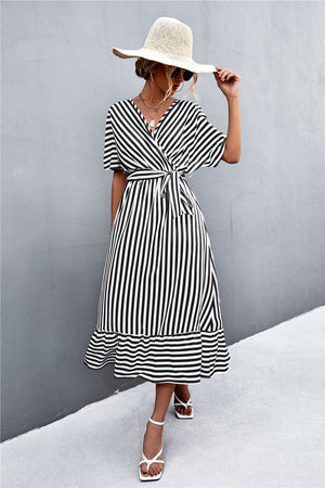 Striped Tie Belt Midi Dress-Mope's Closet