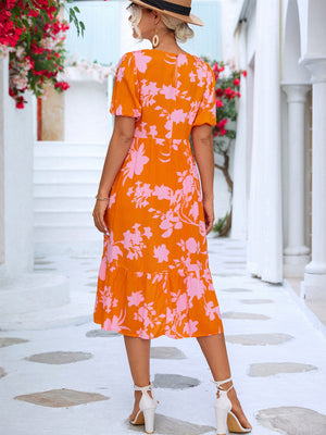 Floral Puff Sleeve Ruffle Hem Midi Dress-Mope's Closet