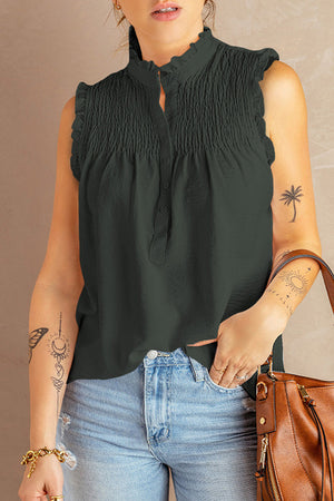 Buttoned Frill Trim Smocked Sleeveless Blouse-Mope's Closet