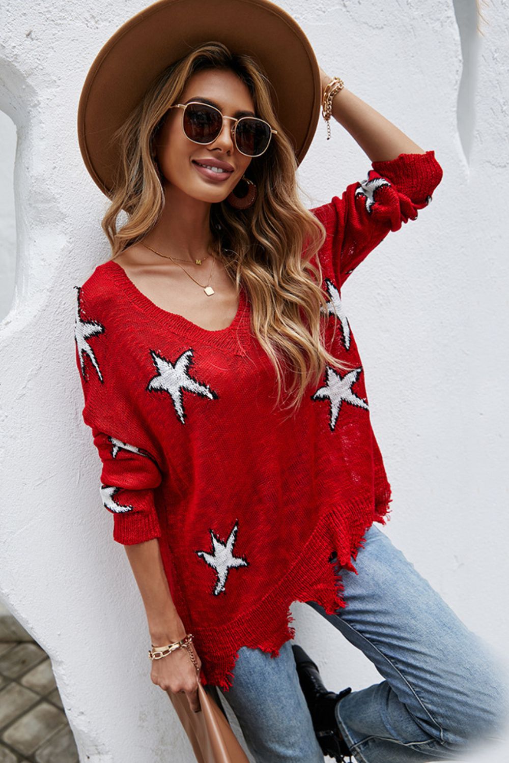 Star Pattern Distressed Sweater-Mope's Closet