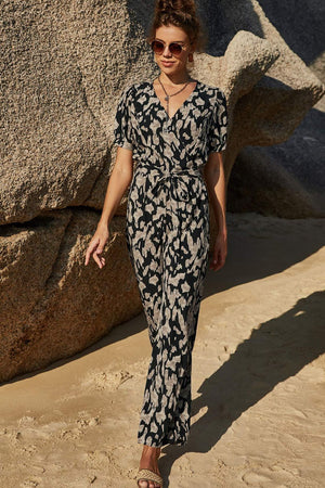 Printed Tie-Waist Surplice Jumpsuit-Mope's Closet