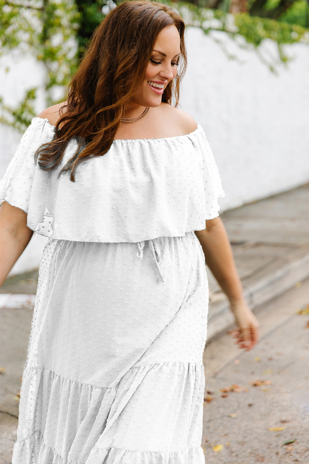 Plus Size Swiss Dot Off-Shoulder Tiered Dress-Mope's Closet