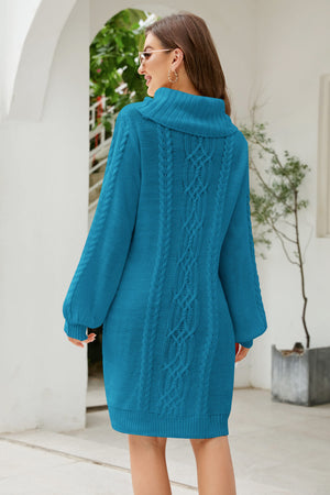 Mixed Knit Turtleneck Lantern Sleeve Sweater Dress-Mope's Closet