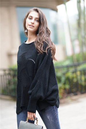 Openwork Boat Neck Sweater with Scalloped Hem-Mope's Closet