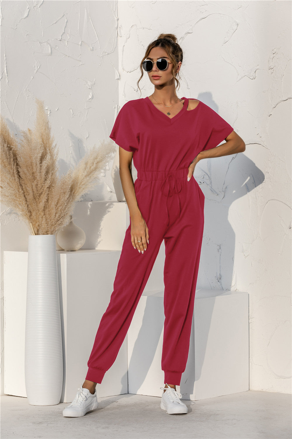 Cut Out V-neck Drawstring Jumpsuit-Mope's Closet