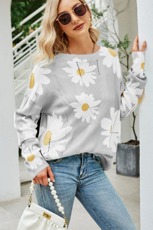 Daisy Print Openwork Round Neck Sweater-Mope's Closet