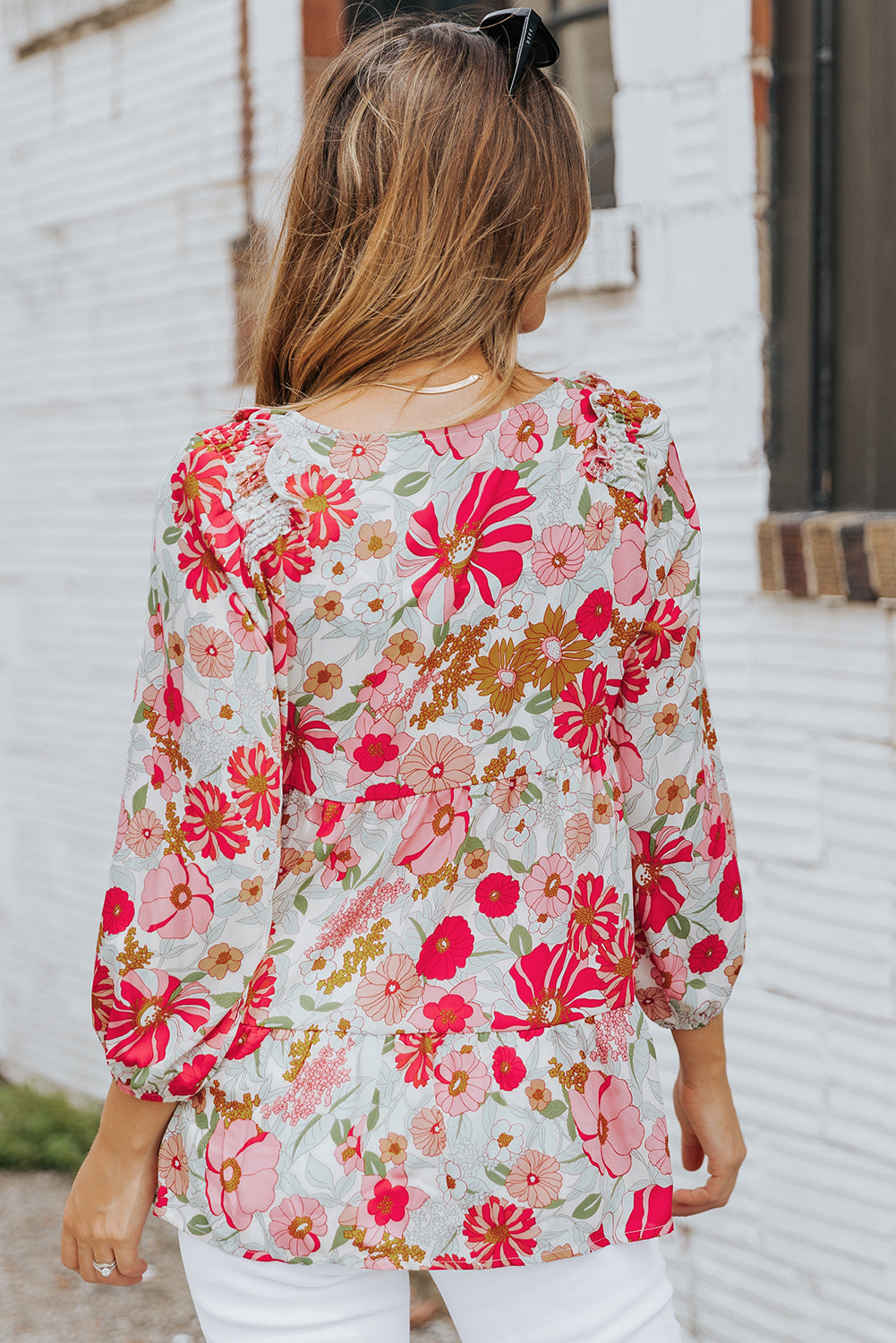 Floral V-Neck Tiered Babydoll Blouse-Mope's Closet