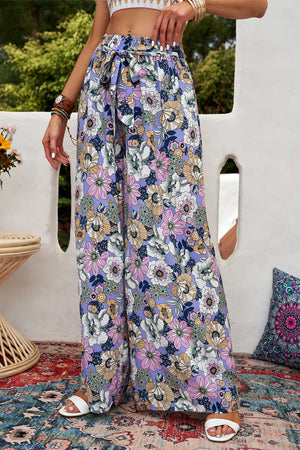 Floral Tie Belt Wide Leg Pants-Mope's Closet