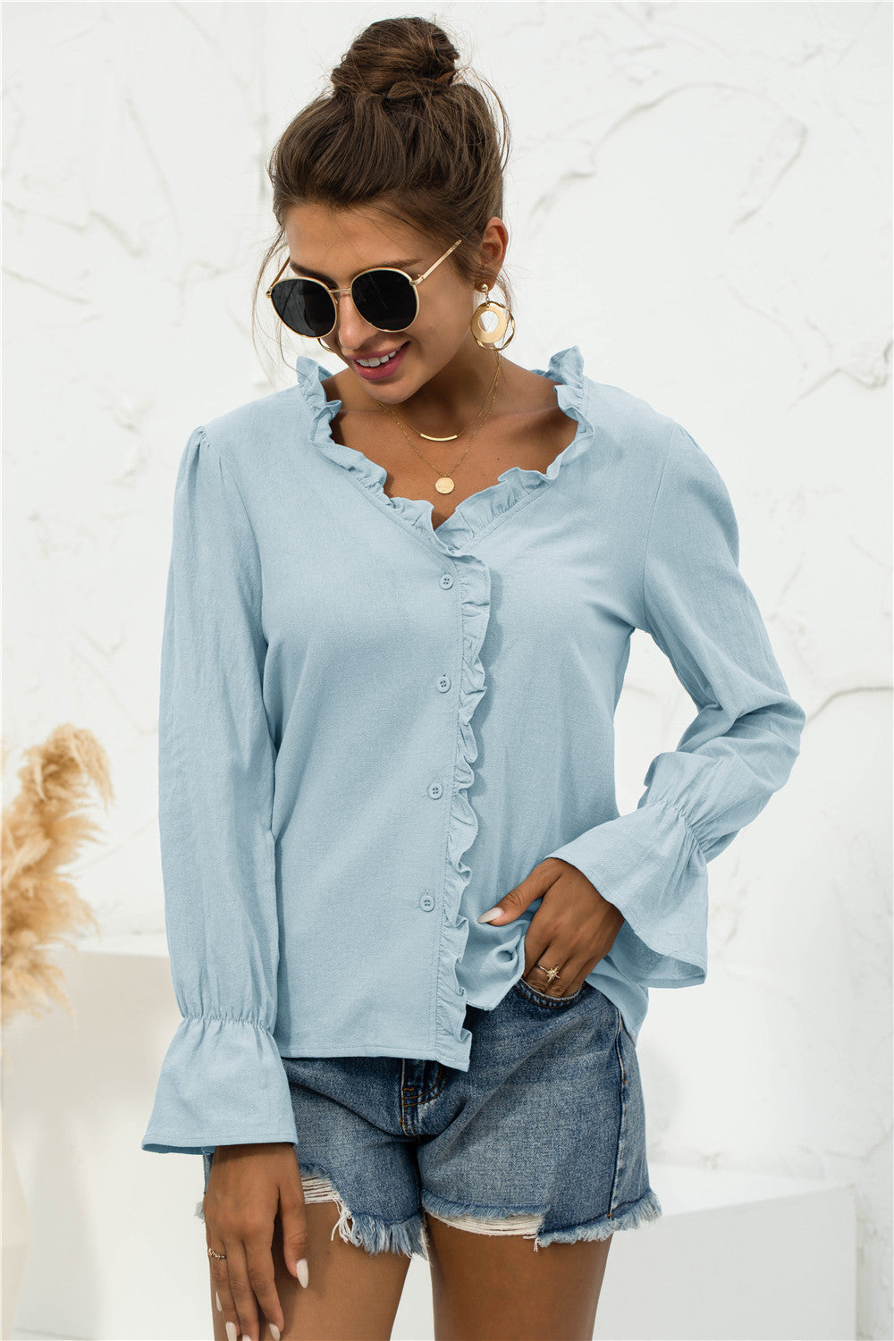 Frill Trim V-Neck Flounce Sleeve Shirt-Mope's Closet