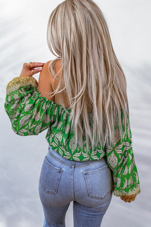 Printed Tassel Tie Balloon Sleeve Blouse-Mope's Closet