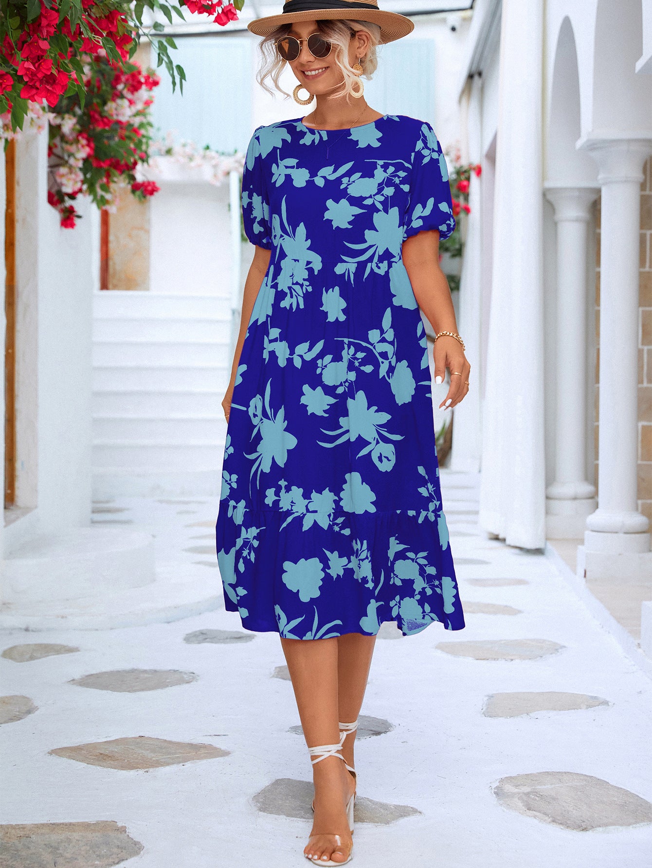 Floral Puff Sleeve Ruffle Hem Midi Dress-Mope's Closet