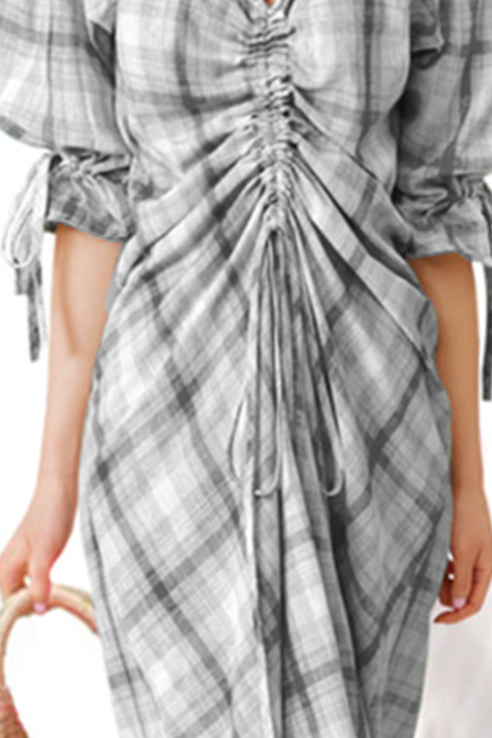 Plus Size Plaid Drawstring Detail Flounce Sleeve Dress-Mope's Closet