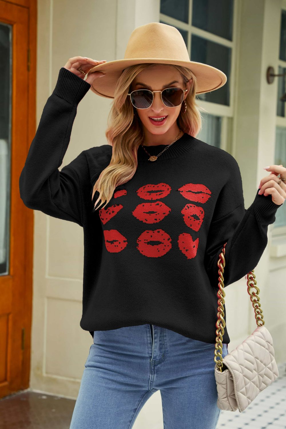 Lip Graphic Slit Dropped Shoulder Sweater-Mope's Closet