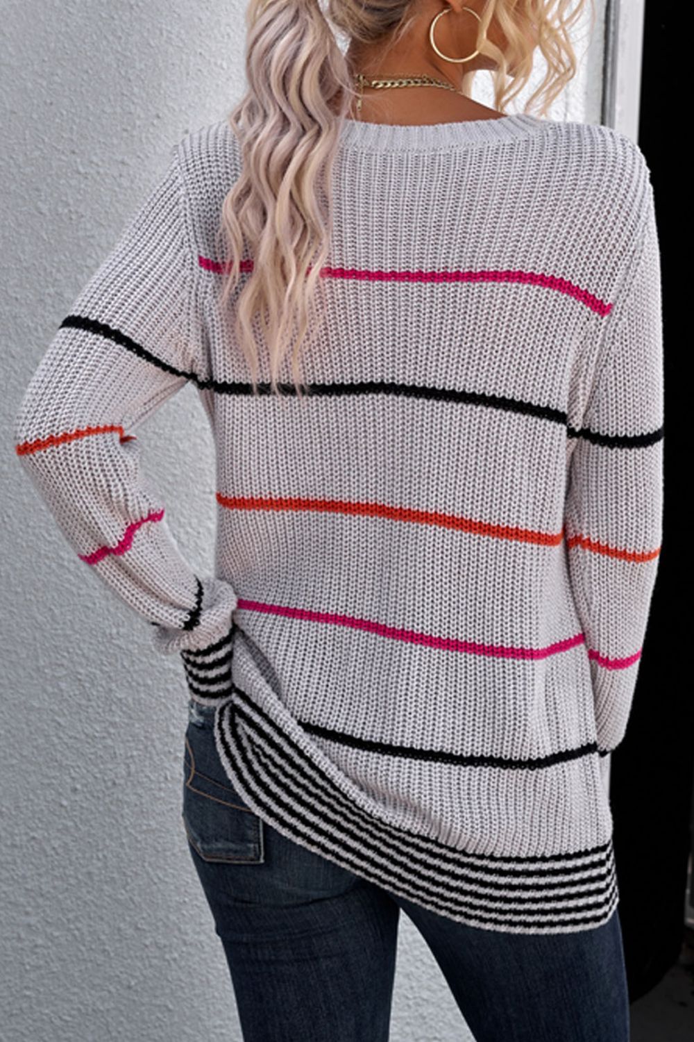 Striped Ribbed Round Neck Long Sleeve Sweater-Mope's Closet