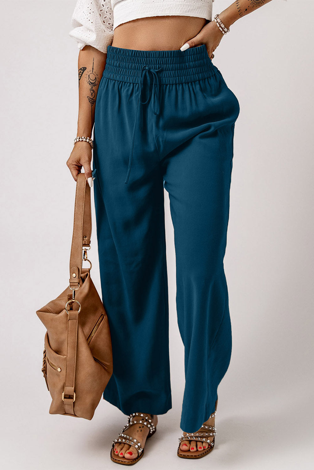 Drawstring Smocked Waist Wide Leg Pants-Mope's Closet