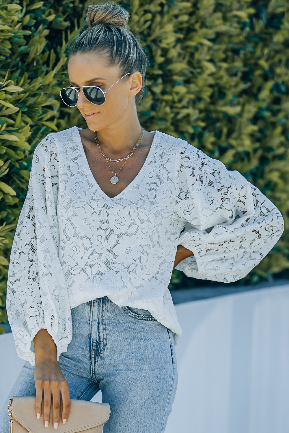 Lace Balloon Sleeve V-Neck Tunic Blouse-Mope's Closet