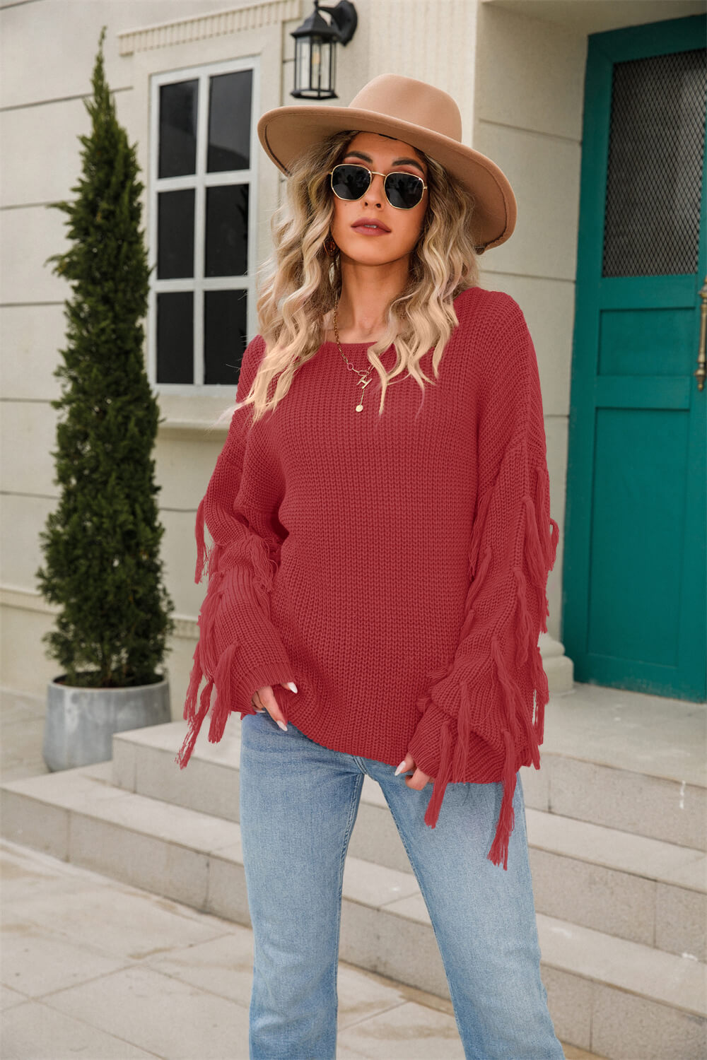 Tassel Detail Rib-Knit Round Neck Sweater-Mope's Closet