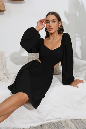 Cutout Long Balloon Sleeve Dress-Mope's Closet