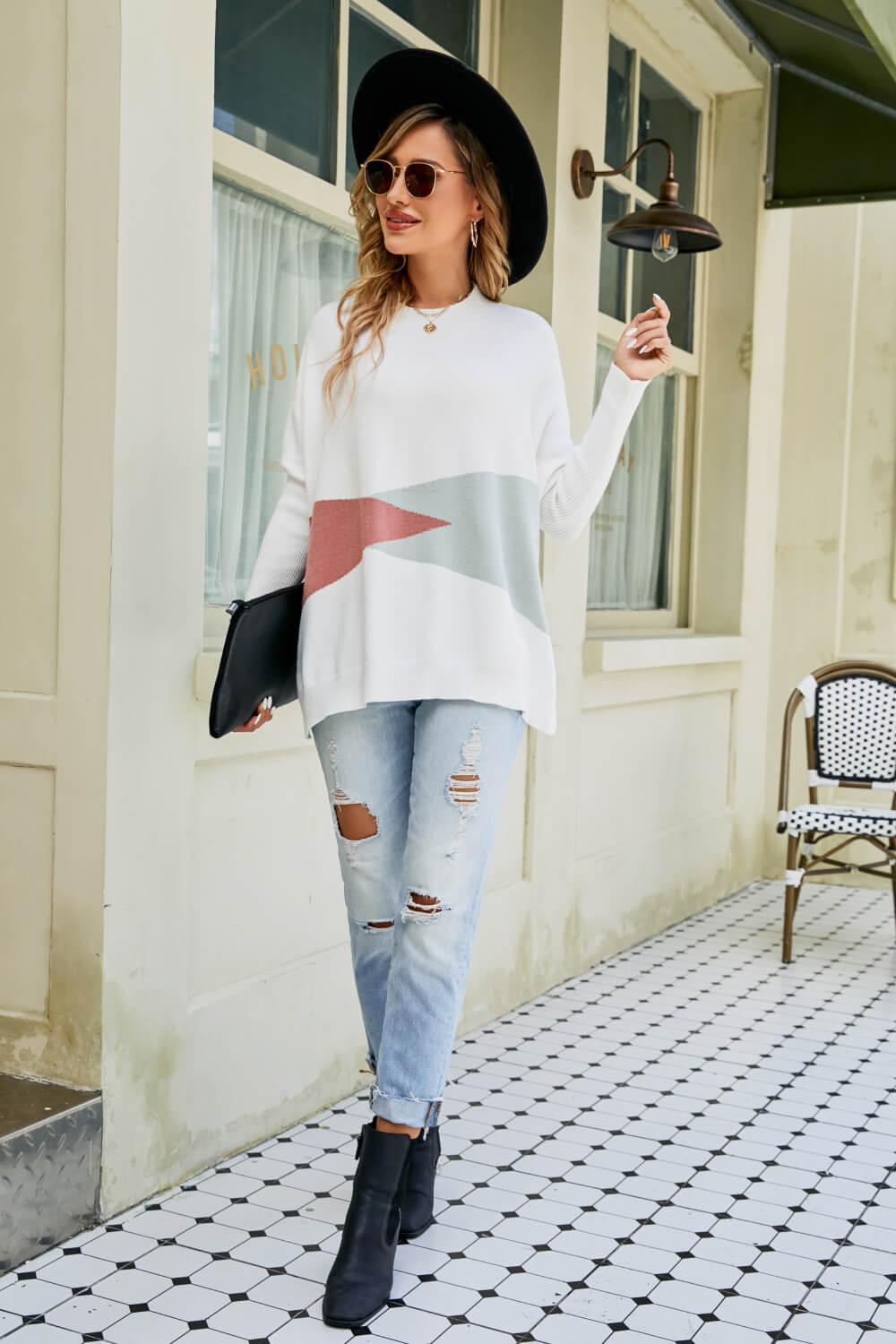 Color Block Round Neck Side Slit Sweater-Mope's Closet