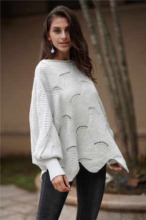 Openwork Boat Neck Sweater with Scalloped Hem-Mope's Closet