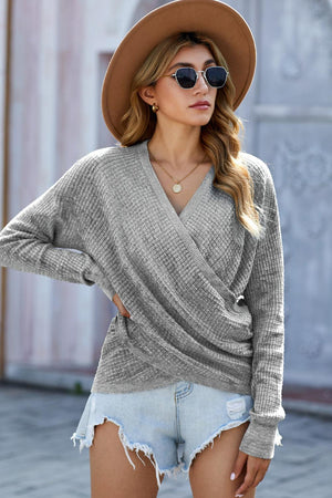 V Neck Wrap Front Knitted Top-Mope's Closet