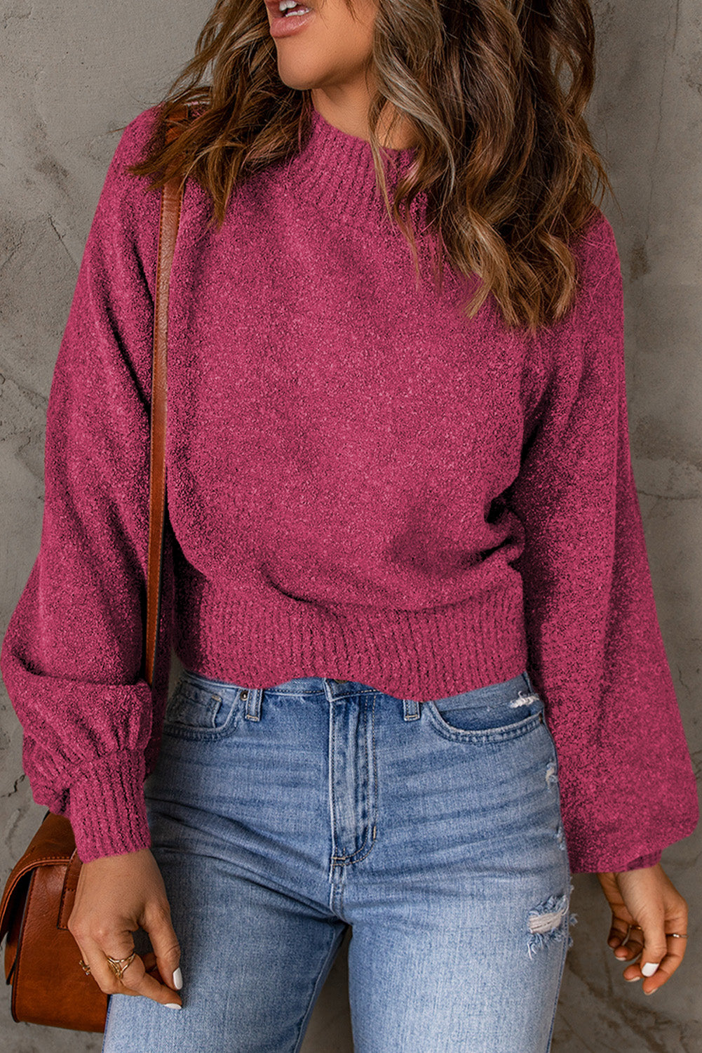 Ribbed Trim Balloon Sleeve Sweater-Mope's Closet