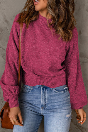 Ribbed Trim Balloon Sleeve Sweater-Mope's Closet