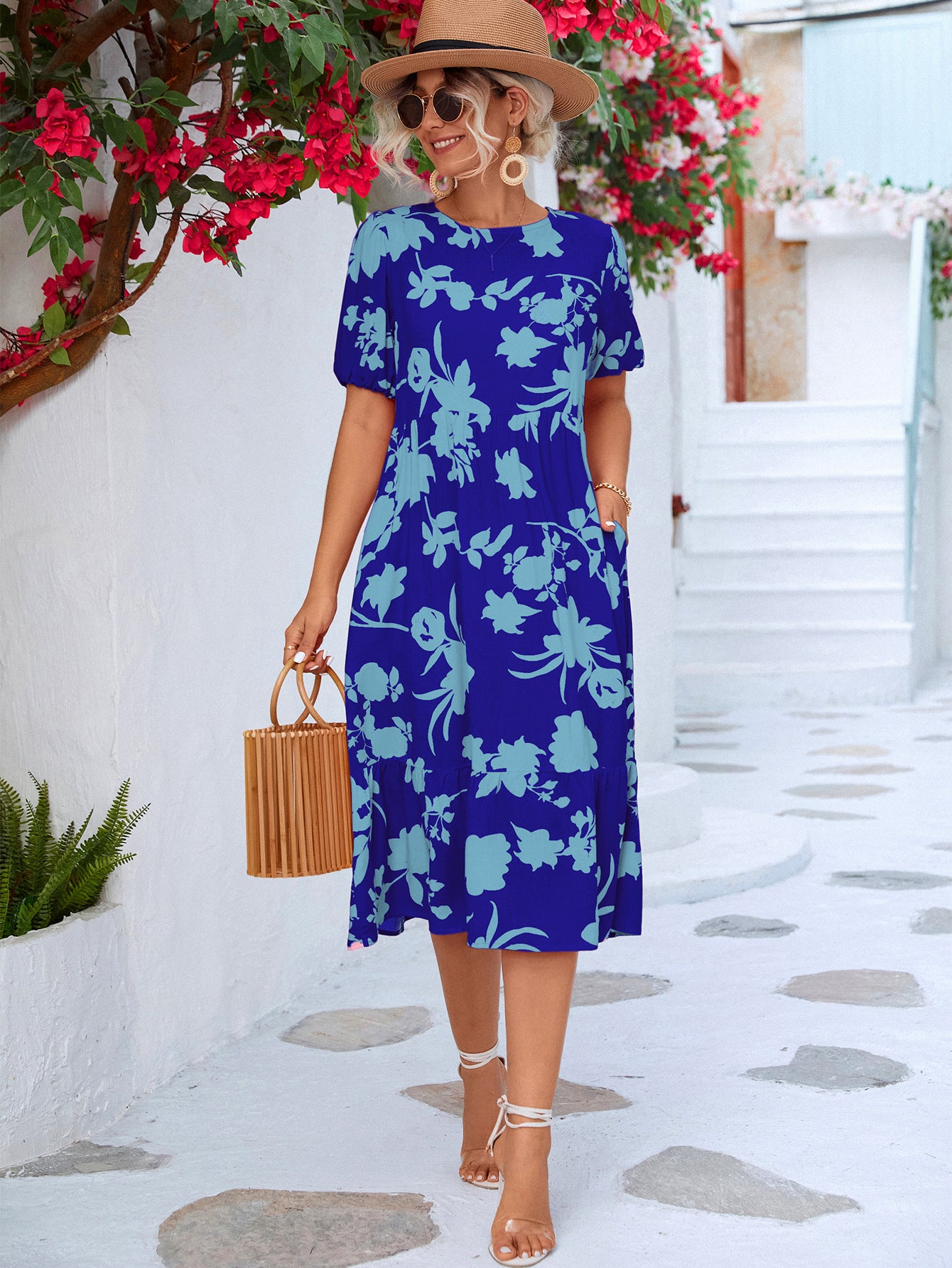 Floral Puff Sleeve Ruffle Hem Midi Dress-Mope's Closet