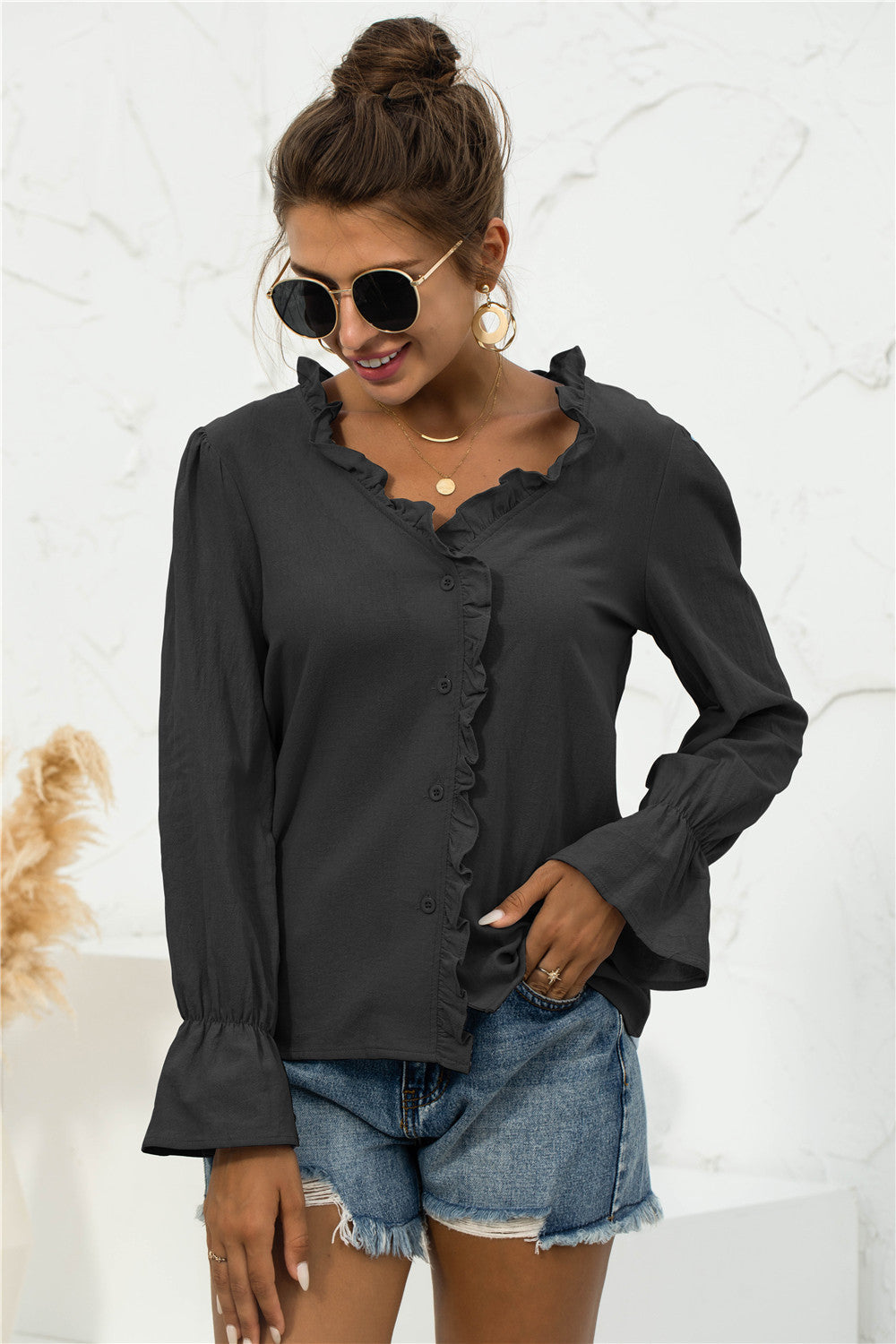 Frill Trim V-Neck Flounce Sleeve Shirt-Mope's Closet