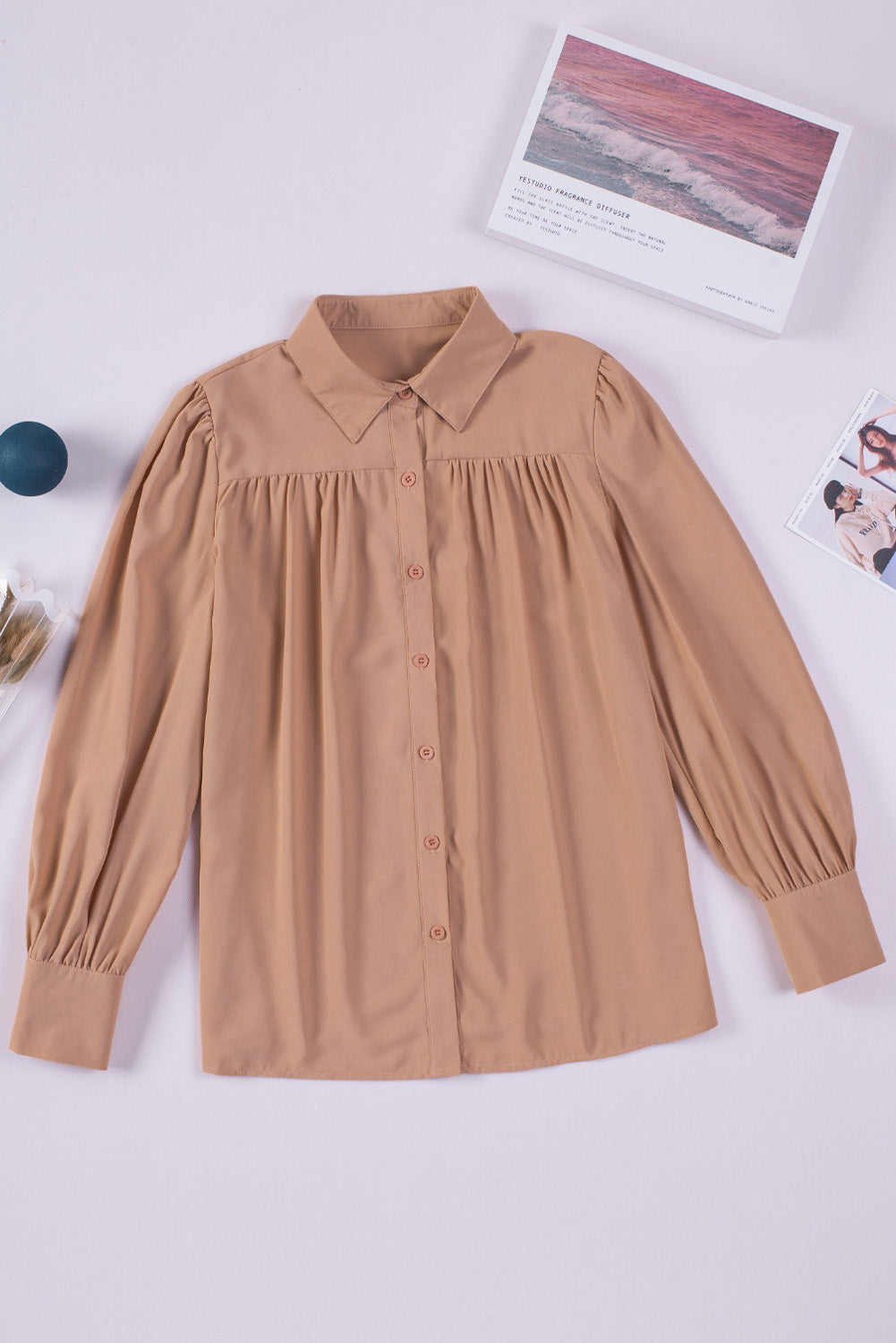 Gathered Detail Puff Sleeve Shirt-Mope's Closet