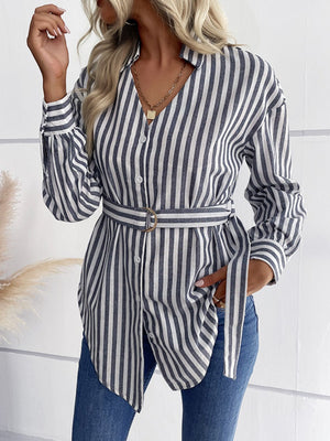 Striped Curved Hem Belted Shirt-Mope's Closet