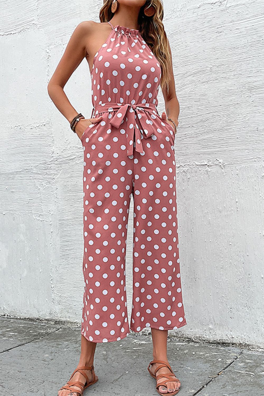 Polka Dot Grecian Wide Leg Jumpsuit-Mope's Closet