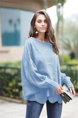 Openwork Boat Neck Sweater with Scalloped Hem-Mope's Closet