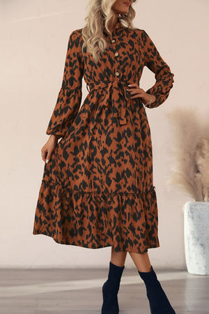 Printed Bubble Sleeve Buttoned Shirt Dress-Mope's Closet