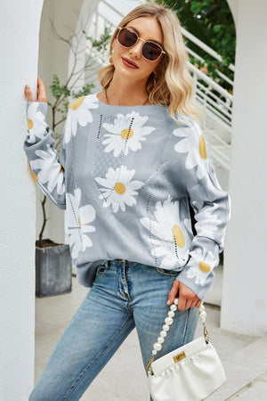 Daisy Print Openwork Round Neck Sweater-Mope's Closet