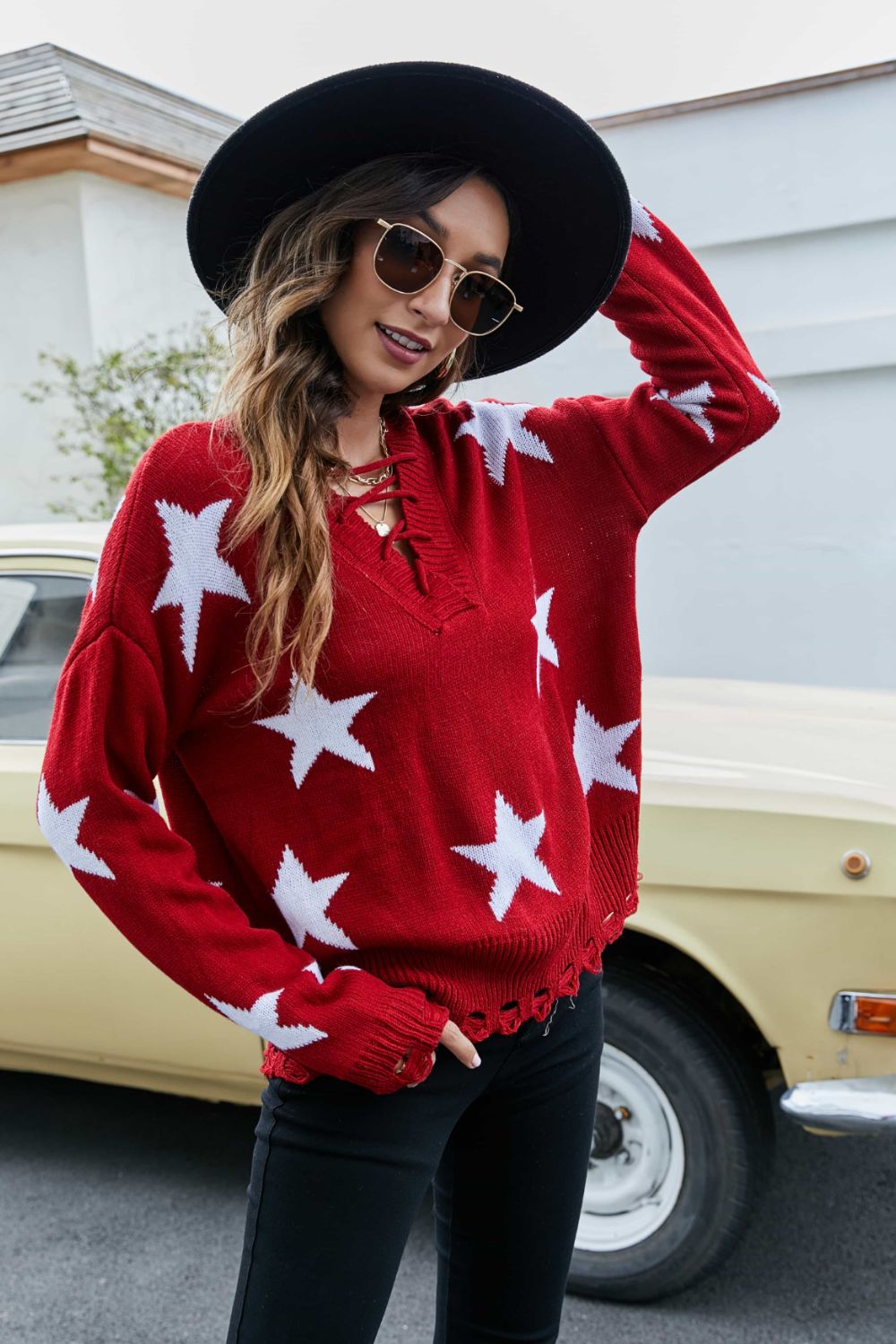 Star Pattern Lace-Up Drop Shoulder Sweater-Mope's Closet