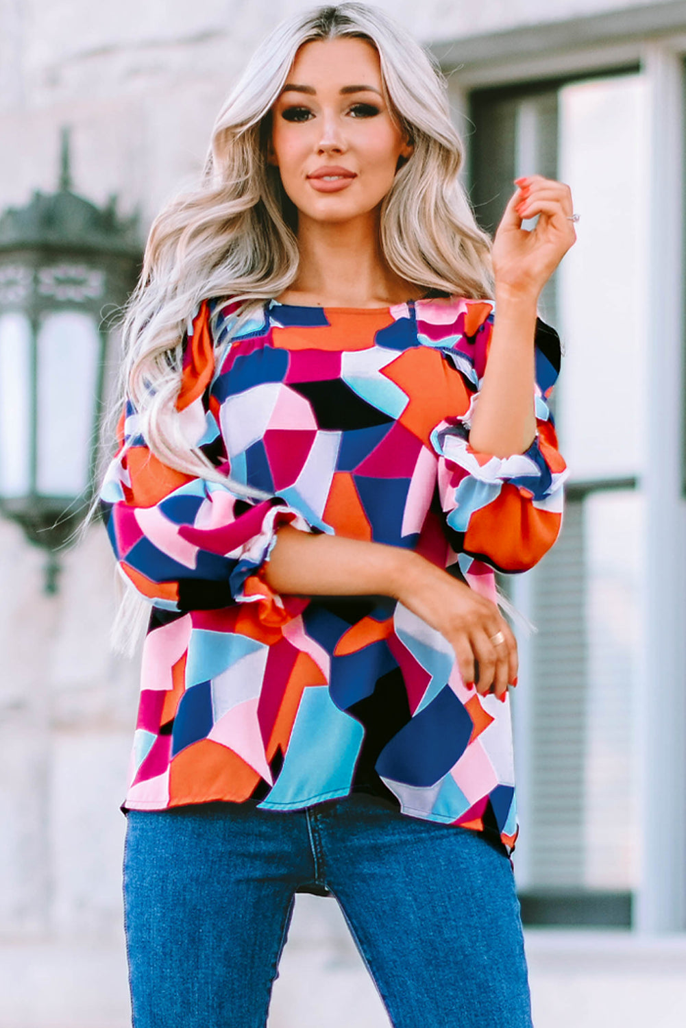 Geometric Flounce Sleeve Blouse-Mope's Closet