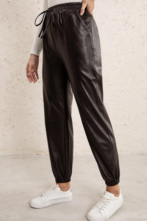 Elastic Waist PU Leather Joggers-Mope's Closet