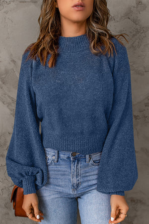 Ribbed Trim Balloon Sleeve Sweater-Mope's Closet