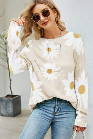 Daisy Print Openwork Round Neck Sweater-Mope's Closet