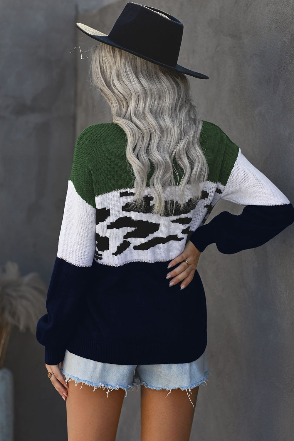 Leopard Color Block Ribbed Trim Dropped Shoulder Sweater-Mope's Closet