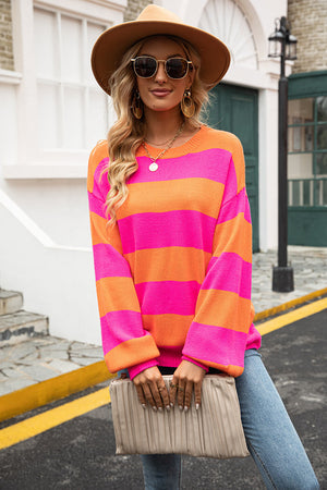 Striped Balloon Sleeve Knit Pullover-Mope's Closet